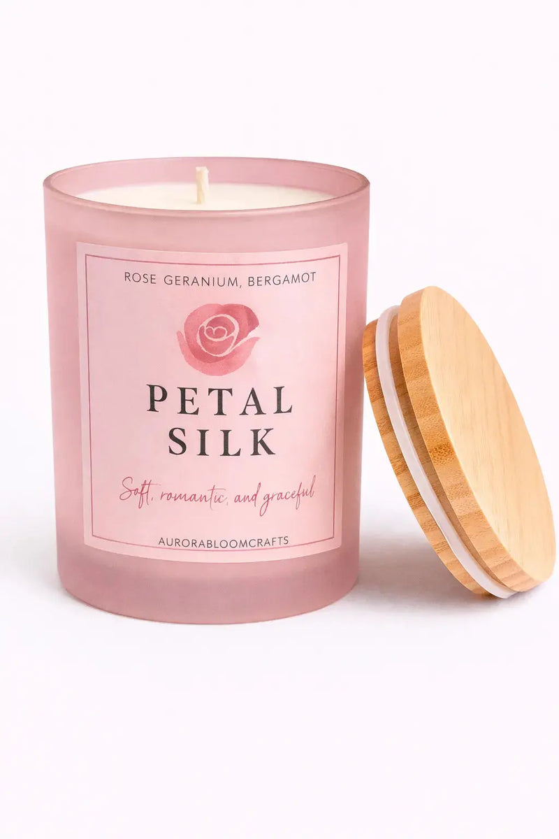 Petal Silk Luxury Scented Candle | Hand-Poured Soy Wax with Wooden Lid - Aurora Bloom Crafts