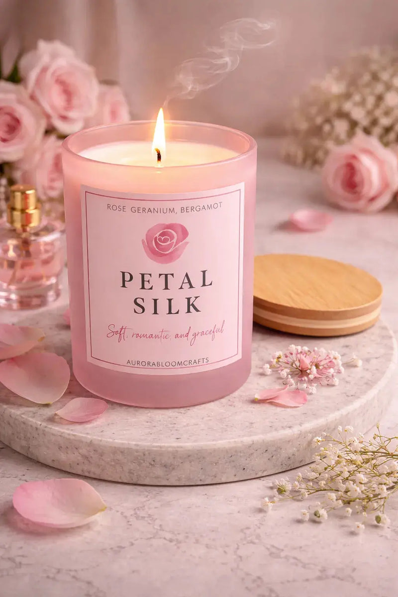 Petal Silk Luxury Scented Candle | Hand-Poured Soy Wax with Wooden Lid - Aurora Bloom Crafts