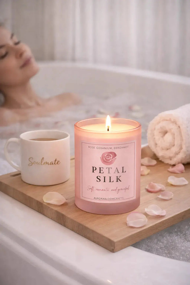 Petal Silk Luxury Scented Candle | Hand-Poured Soy Wax with Wooden Lid - Aurora Bloom Crafts