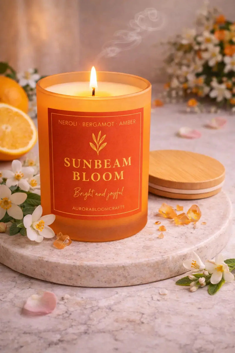 Sunbeam Bloom Luxury Scented Candle | Hand-Poured Soy Wax with Wooden Lid - Aurora Bloom Crafts