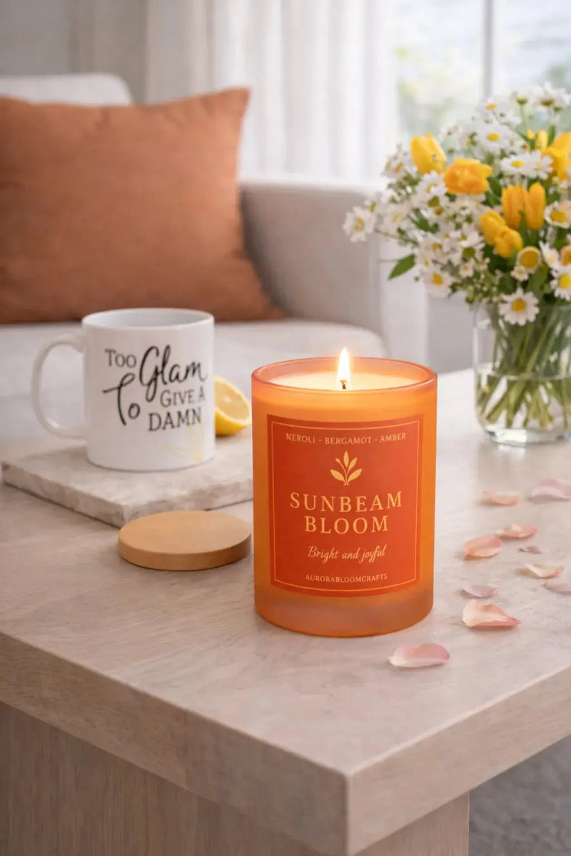 Sunbeam Bloom Luxury Scented Candle | Hand-Poured Soy Wax with Wooden Lid - Aurora Bloom Crafts