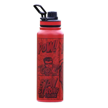 Superhero Comic Water Bottle – 1L Red Stainless Steel, “POW! GO! STAY STRONG” Print – BPA-Free Insulated Flask for Gym, Fitness & Everyday Use – Leakproof Bottle for Men & Boys