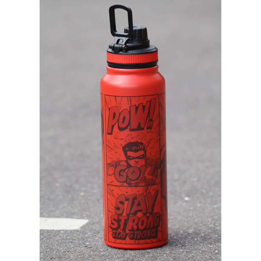 Superhero Comic Water Bottle – 1L Red Stainless Steel, “POW! GO! STAY STRONG” Print – BPA-Free Insulated Flask for Gym, Fitness & Everyday Use – Leakproof Bottle for Men & Boys
