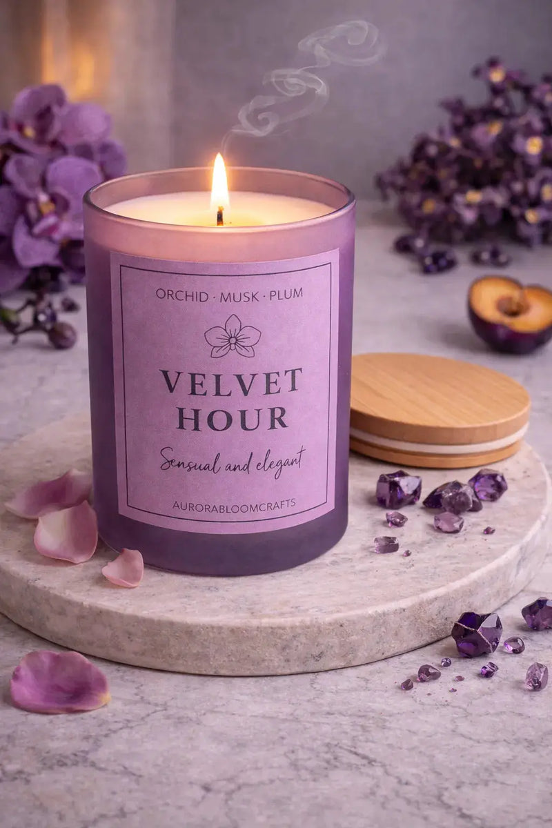Velvet Hour Luxury Scented Candle | Hand-Poured Soy Wax with Wooden Lid - Aurora Bloom Crafts