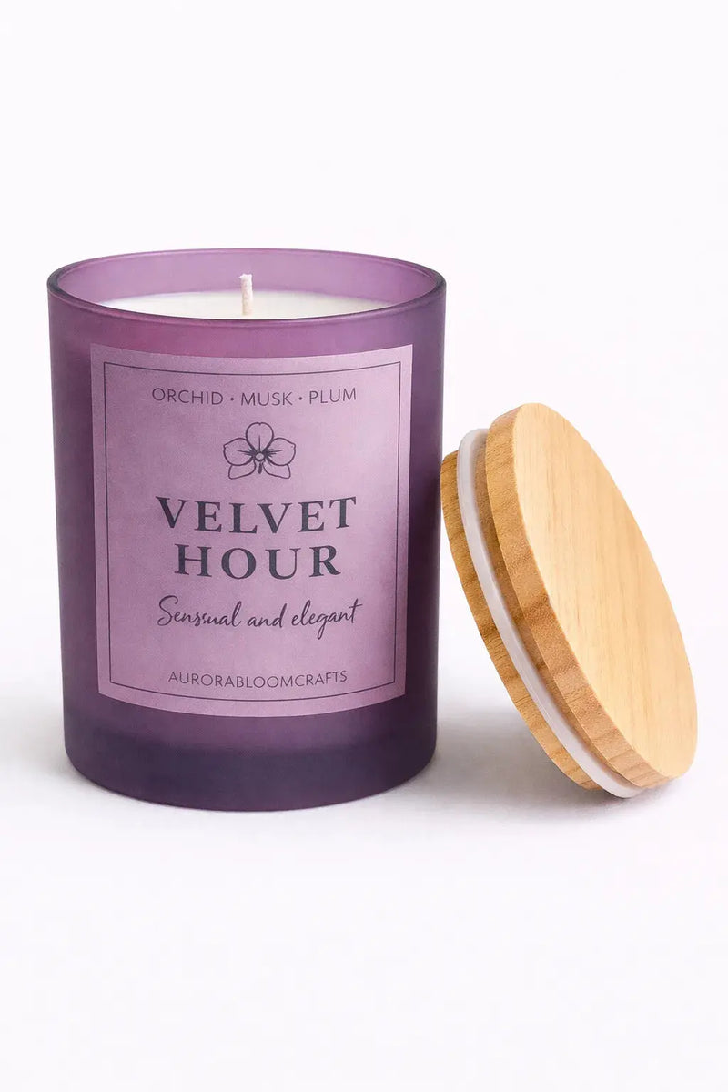 Velvet Hour Luxury Scented Candle | Hand-Poured Soy Wax with Wooden Lid - Aurora Bloom Crafts