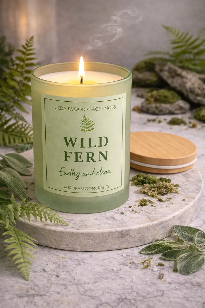 Wild Fern Luxury Scented Candle | Hand-Poured Soy Wax with Wooden Lid - Aurora Bloom Crafts