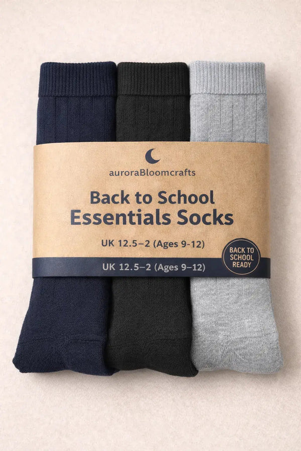 Back to School Essentials Socks – Kids Crew Socks (Navy, Grey & Black Pack) - Aurora Bloom Crafts