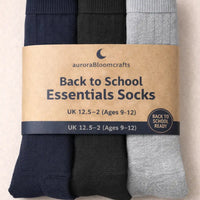 Back to School Essentials Socks – Kids Crew Socks (Navy, Grey & Black Pack) - Aurora Bloom Crafts