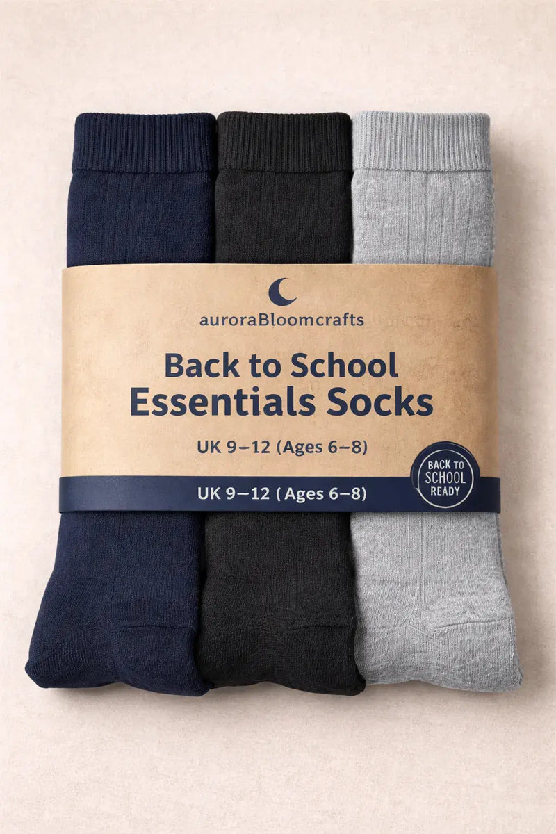 Back to School Essentials Socks – Kids Crew Socks (Navy, Grey & Black Pack) - Aurora Bloom Crafts