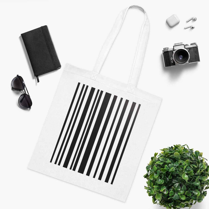Minimalist Barcode Tote Bag – White Canvas, Long Handle (38cm x 40cm)