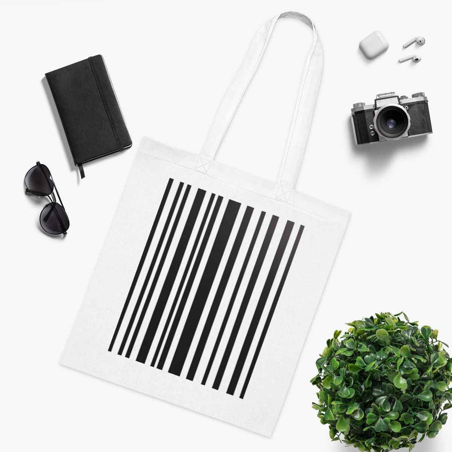Minimalist Barcode Tote Bag – White Canvas, Long Handle (38cm x 40cm)