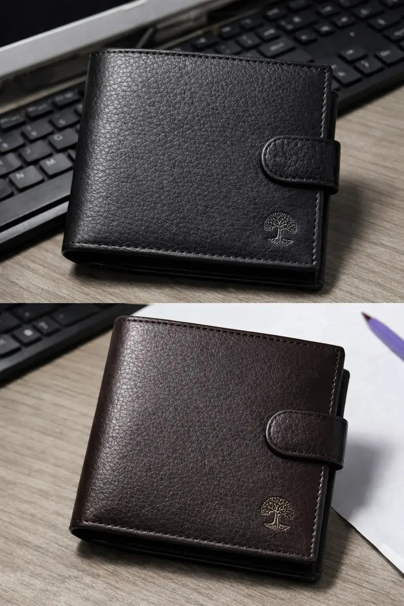 Men’s Leather Wallet | Slim Bifold with ID Window – Tree of Life - Aurora Bloom Crafts