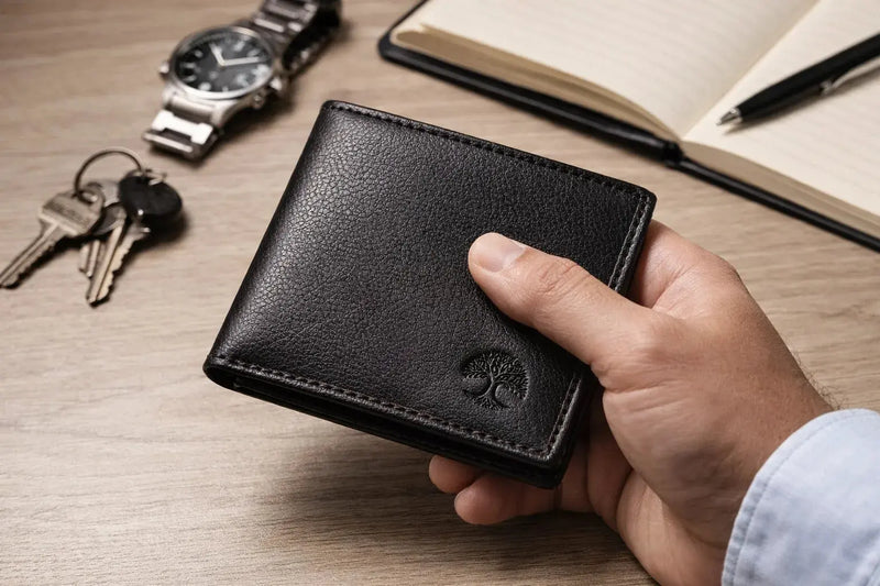 Men’s Leather Wallet | Slim Bifold with ID Window – Tree of Life - Aurora Bloom Crafts