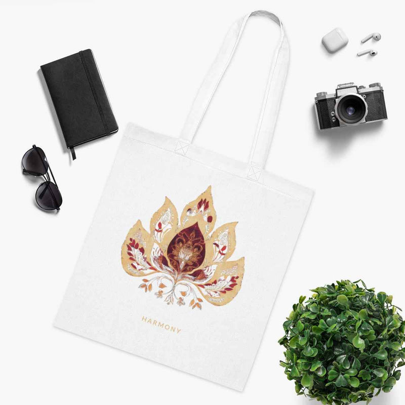 Harmony Lotus Tote Bag – White Canvas, Long Handle (38cm x 40cm)