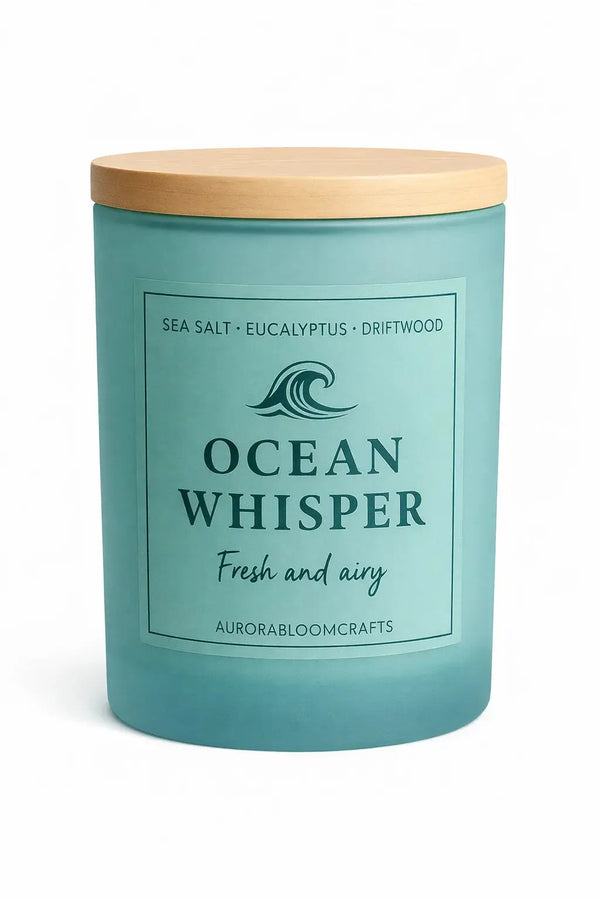 Ocean Whisper Luxury Scented Candle | Hand-Poured Soy Wax with Wooden Lid - Aurora Bloom Crafts