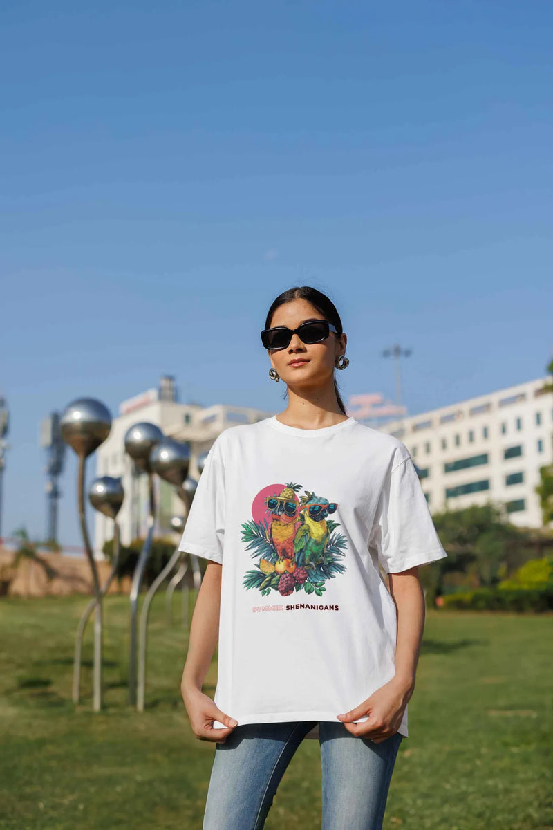 Bold Parrot Print “Summer Shenanigans” Tee – Oversized & Unisex