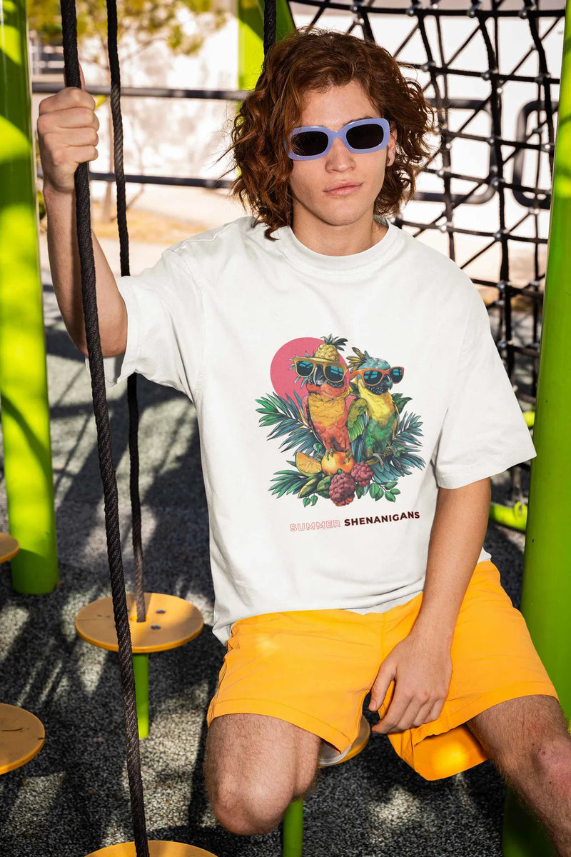 Bold Parrot Print “Summer Shenanigans” Tee – Oversized & Unisex