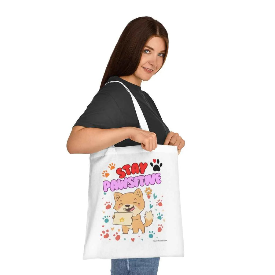 Stay Pawsitive Dog Tote Bag – White Canvas, Long Handle (38cm x 40cm)