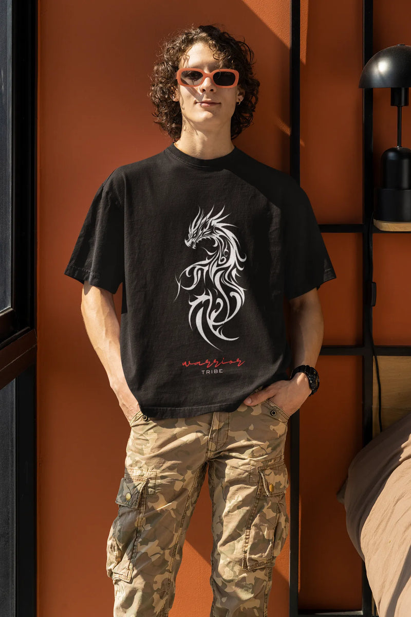 Tribal Dragon T-Shirt - Warrior Tribe Oversized Style for Bold Fashion