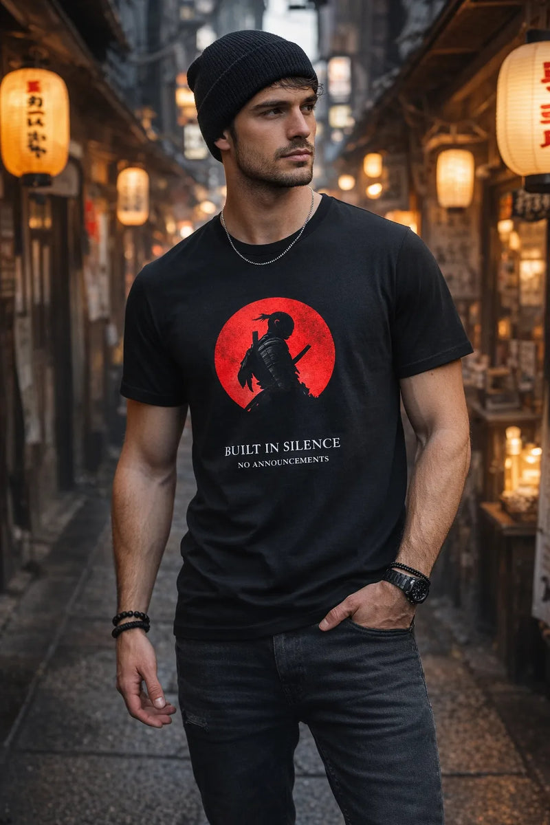 Samurai Silhouette – Red Moon Tee | Aurora Bloom Crafts