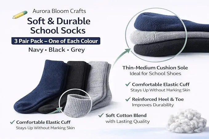 Kids School Socks 3 Pair Pack – Soft, Durable & Reinforced Crew Socks (Navy, Black & Grey)