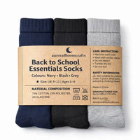 Back to School Essentials Socks – Kids Crew Socks (Navy, Grey & Black Pack) - Aurora Bloom Crafts