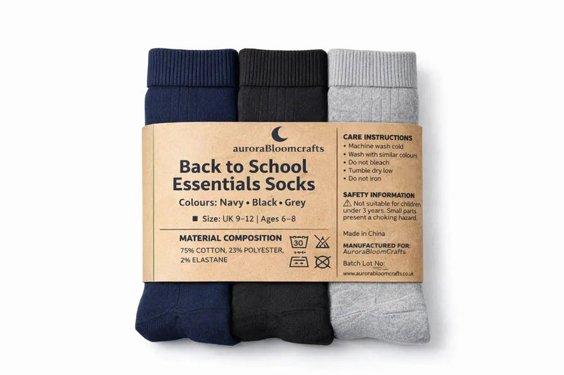 Back to School Essentials Socks – Kids Crew Socks (Navy, Grey & Black Pack) - Aurora Bloom Crafts