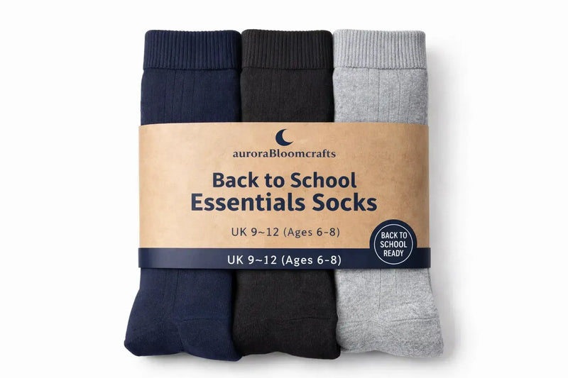 Back to School Essentials Socks – Kids Crew Socks (Navy, Grey & Black Pack) - Aurora Bloom Crafts